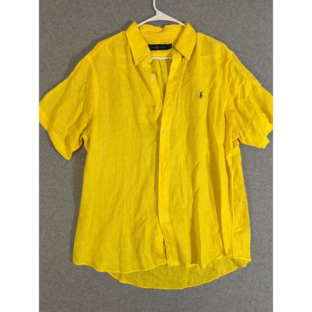 Ralph Lauren Shirt Mens Large Short Sleeve Linen Button Down Yellow Blue Pony L